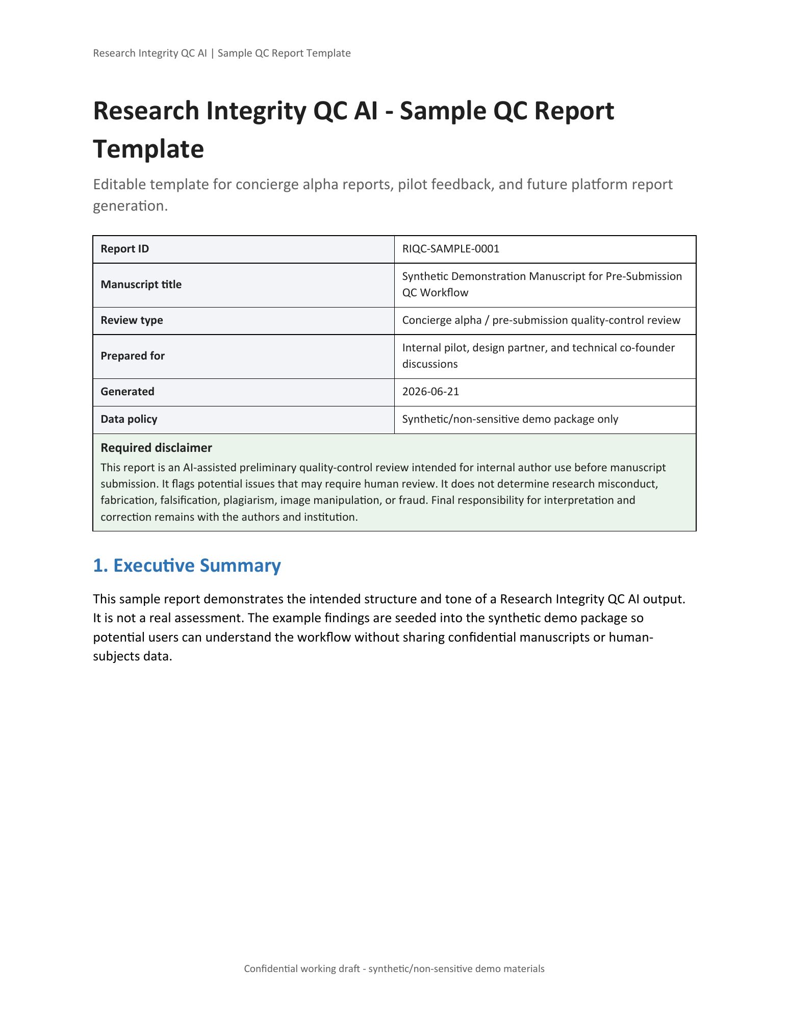 Sample QC report cover page